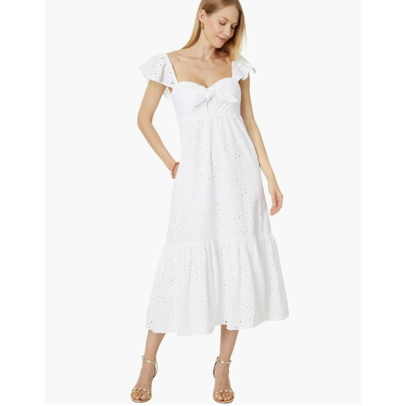 Lilly Pulitzer White Cotton Eyelet Embroidered Flutter Sleeve Midi Dress Size 14 - Picture 1 of 11